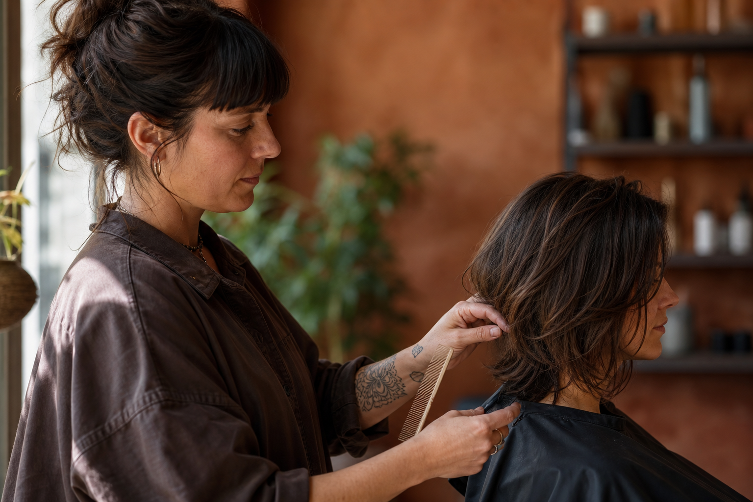 Fictieve stylist die een gelaagde coupe afwerkt